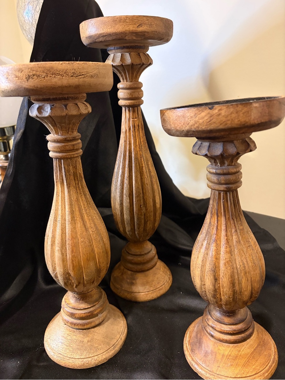 Hand-Turned Wooden Candle Holders - Brown Set of 3